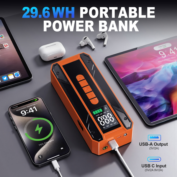 带150PSI轮胎充气机的车载跳跃式起动机便携式电池组、 带空气压缩机的跳跃式起动机、带LCD显示器的车载充电器电池增压器12V跳跃盒、3模式应急手电筒-7