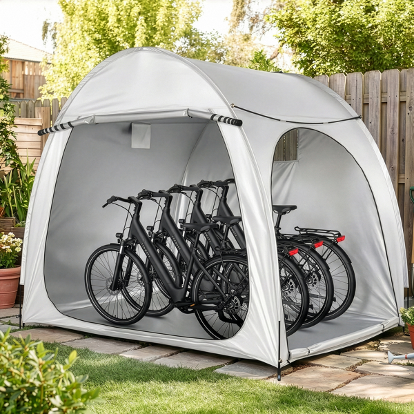 6.8X4.9FT 浅灰色 圆弧形 储物棚  双门(前侧和右侧) 内部配收纳袋 黑色玻纤杆框架 210DPU银胶牛津布 自行车储物棚 配拎包-15