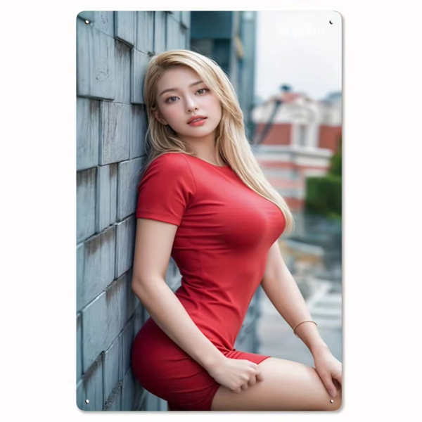 CIFbuy复古红色连衣裙金发女郎剪影铝制墙艺卧室客厅装饰(TikTok、temu下自提)-3