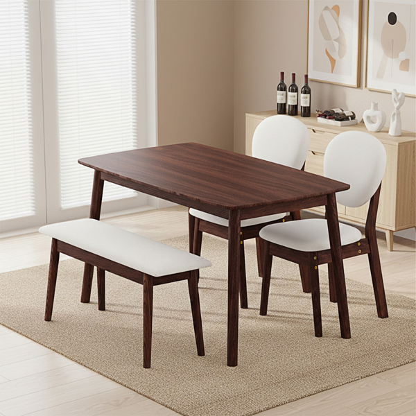 1桌2椅1凳 拆装 橡胶木+软包 深胡桃色 餐桌椅套装 米色坐垫 长方形-12