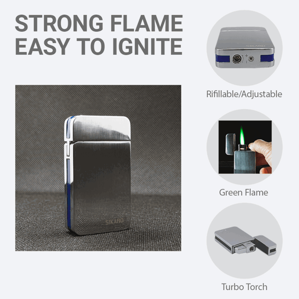 SIKARO®星空* 银面蓝色边条日本设计时尚强力防风打火机雪茄香烟厨房户外可重复充气可调节火焰高度便携式-5