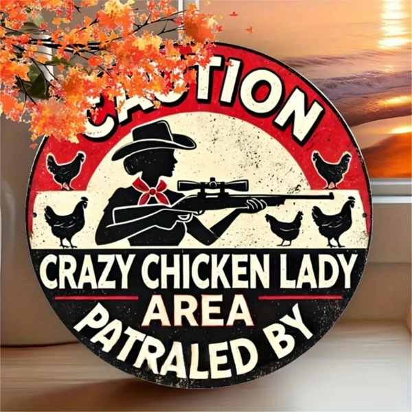 CIFbuy Crazy Chicken Lady Warning Sign Vintage Metal Tin Wall Art(TikTok、temu下自提)-1