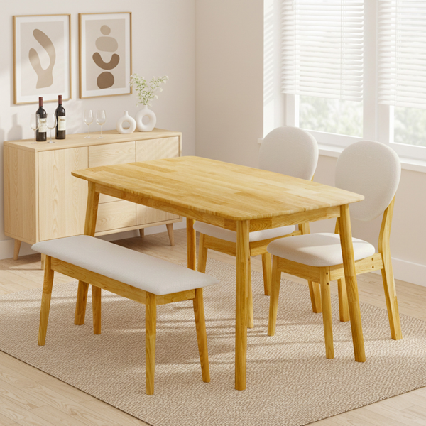 1桌2椅1凳 拆装 橡胶木+软包 原木色 餐桌椅套装 米色坐垫 长方形-18