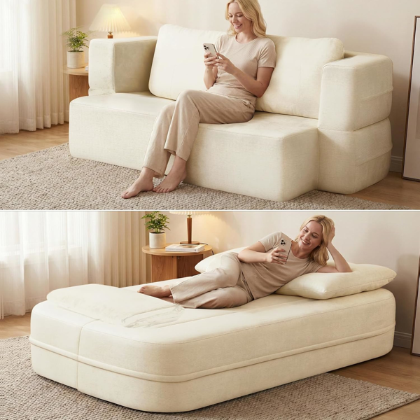 可转换沙发床，带毯子，客厅卧室用无骨云沙发，高密度实心海绵模块化沙发座，米色-1