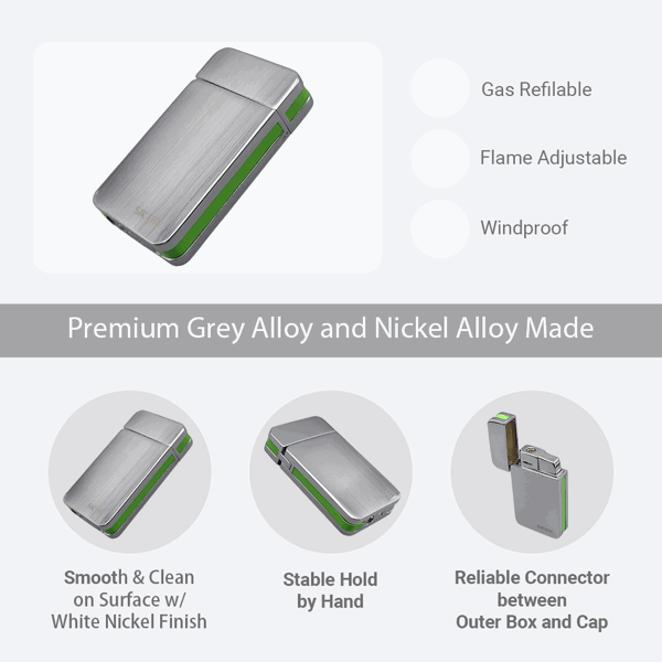 SIKARO®星空* 银面绿色边条日本设计时尚强力防风打火机雪茄香烟厨房户外可重复充气可调节火焰高度便携式-3