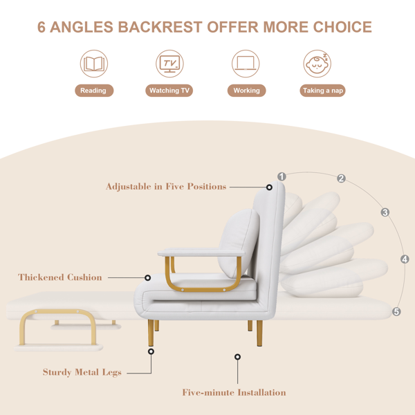 三合一折叠沙发床/可转换座椅 - 五档可调节靠背，带枕头，节省空间，适用于客厅、卧室和办公室（白色）-6