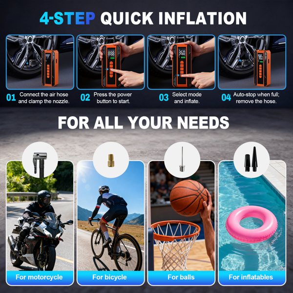 带150PSI轮胎充气机的车载跳跃式起动机便携式电池组、 带空气压缩机的跳跃式起动机、带LCD显示器的车载充电器电池增压器12V跳跃盒、3模式应急手电筒-6