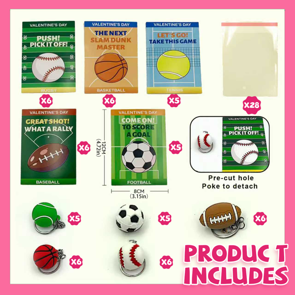 足球主题情人节礼物卡，附赠减压球钥匙扣，适合儿童班级，28 件装足球钥匙扣玩具及交换卡片，适合教室男孩女孩，情人节非糖果礼物，学生学校奖品-3