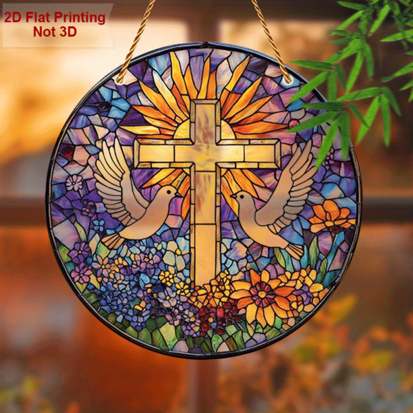 CIFbuy彩色太阳捕捉器透明复活节和平鸽十字阳光板白鸽花卉图案室外壁挂（TikTok、temu下自提）-3