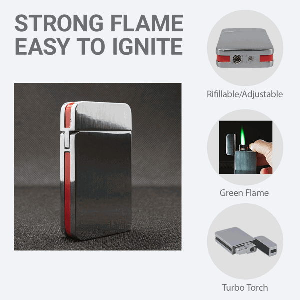 SIKARO®星空* 银面红色边条日本设计时尚强力防风打火机雪茄香烟厨房户外可重复充气可调节火焰高度便携式-6