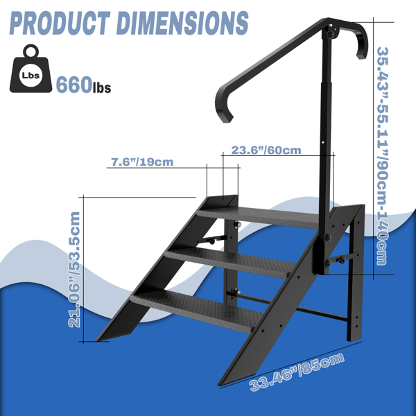 可折叠阶梯凳，3 级折叠阶梯，带高度可调扶手和防滑脚垫的房车阶梯，适用于家庭、旅行拖车、露营车、移动房屋、水疗中心和门廊的热水浴缸阶梯（TEMU仅可自提）-2