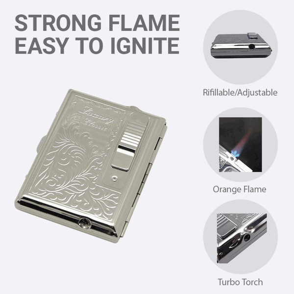 LEGENDEX®优雅*珞银面金属烟盒标准84毫米小雪茄/香烟盒内嵌防风打火机雪茄香烟厨房户外可重复充气可调节火焰高度便携式-3
