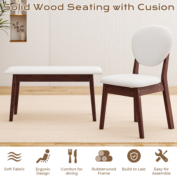 1桌4椅1凳 拆装 橡胶木+软包 深胡桃色 餐桌椅套装 米色坐垫 长方形-3