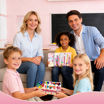 28 Packs/140pcs Valentines Day Stationery Kids Gift Set for School Classmates Exchange, Party Favor, Includes Pencils, Erasers, Stamper, Stickers