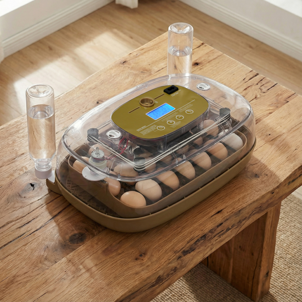 DLM-24 美规 孵化器 110V ≤70W 24枚大脸猫 ABS+PC 卡其色机身透明上盖  LED照蛋功能升级 全自动翻蛋 温湿度设置 天数设置 多功能卡条蛋盘 AB加水孔-10