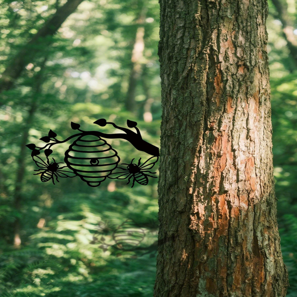 CIFbuy阳光黄蜂巢铁壁挂户外庭院蜜蜂与树剪影花园悬挂装饰(TikTok、temu下自提)-3