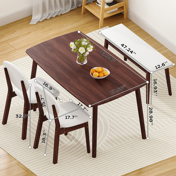 1桌2椅1凳 拆装 橡胶木+软包 深胡桃色 餐桌椅套装 米色坐垫 长方形-4