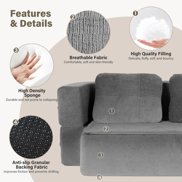 可转换沙发床，带毯子，客厅卧室用无骨云沙发，高密度实心海绵模块化沙发座，灰色-3