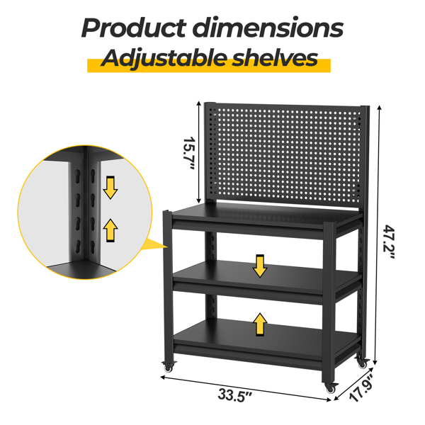 Temu仅支持自提 带钉板的工作台、带轮子可调货架的重型3000磅工作台、工具车、车库仓库工作台47.2英寸高*33.46英寸宽*18英寸深-2
