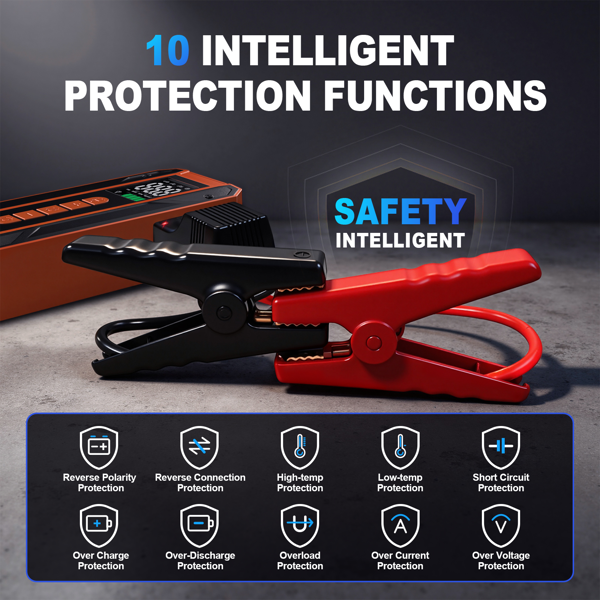 带150PSI轮胎充气机的车载跳跃式起动机便携式电池组、 带空气压缩机的跳跃式起动机、带LCD显示器的车载充电器电池增压器12V跳跃盒、3模式应急手电筒-4