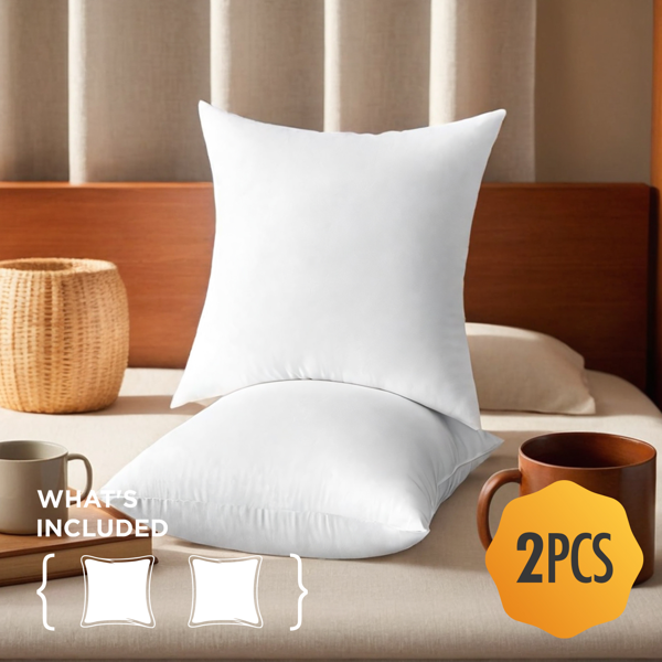 两只装20英寸白色抱枕芯，精选高弹力聚酯纤维填充，手感柔软且支撑力持久。加大尺寸设计，为沙发休闲、床头倚靠提供更饱满的舒适体验。无枕套配置，方便自由搭配各种家居风格，或直接用作蓬松底座。-1