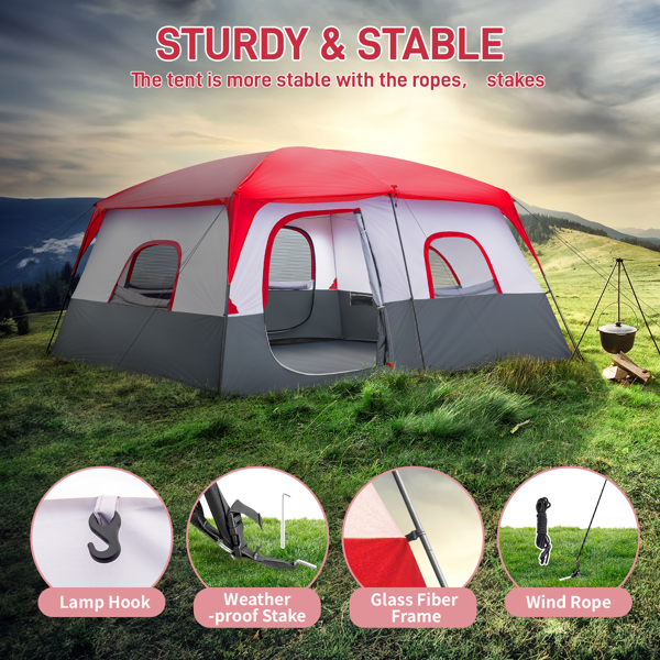 14人 红白色 露营帐篷 涤纶布 玻璃纤维杆 430*430*210cm-12