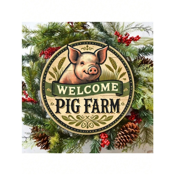 CIFbuy复古猪场主题设计平面金属标志圆形锡墙艺术墙饰(TikTok、temu下自提)-6