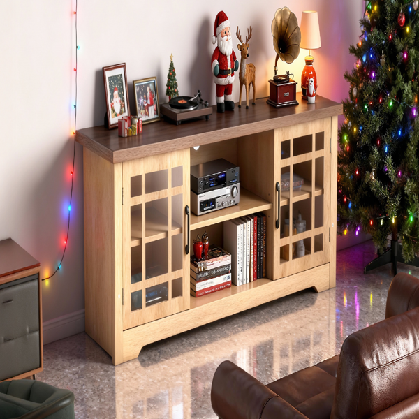 深棕色顶+原木色柜体 刨花板贴三胺 147*40*56cm 双玻璃门 电视柜-6