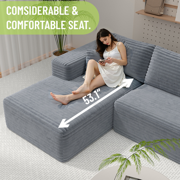 模块化宽条纹灯芯绒组合沙发｜全海绵深座二人位沙发 + 左侧贵妃躺椅｜现代客厅休闲沙发-7