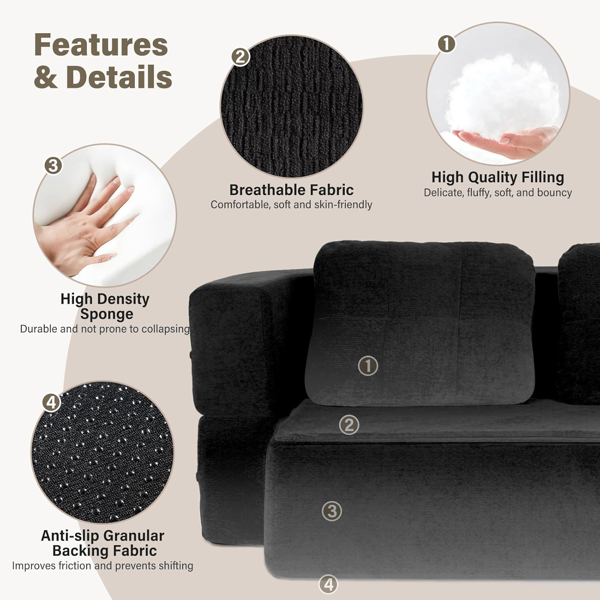 可转换沙发床，带毯子，客厅卧室用无骨云沙发，高密度实心海绵模块化沙发座，黑色-4