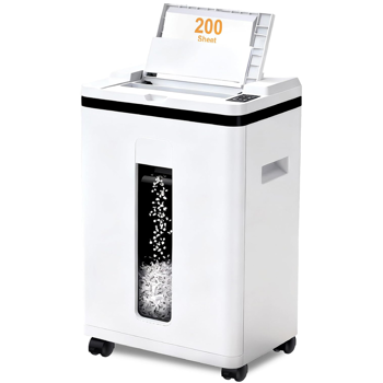 200页自动进纸碎纸机，40分钟不间断重负荷运行，P-5级超强安全商用碎纸机（适用于家庭办公室），微粒切割碎纸机带滚轮，5.8加仑容量，噪音低于60分贝（白色款）