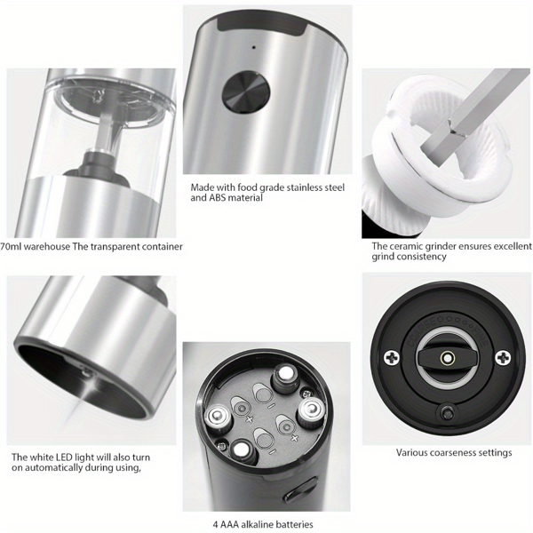 1个电动盐和胡椒研磨器，单手自动操作，白色LED灯，双充电底座，可调节粗细度，电池供电，容量大-2