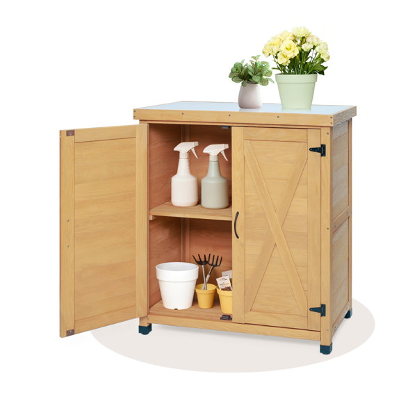 不同于普通的实木收纳柜,可对标HDPE材质,新款实木带储物柜和金属台面的盆栽台，用于户外露台、户外工作台表面两层水性漆-金黄色，可自提-8