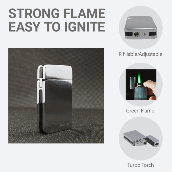 SIKARO®星空* 银面黑色边条日本设计时尚强力防风打火机雪茄香烟厨房户外可重复充气可调节火焰高度便携式-6