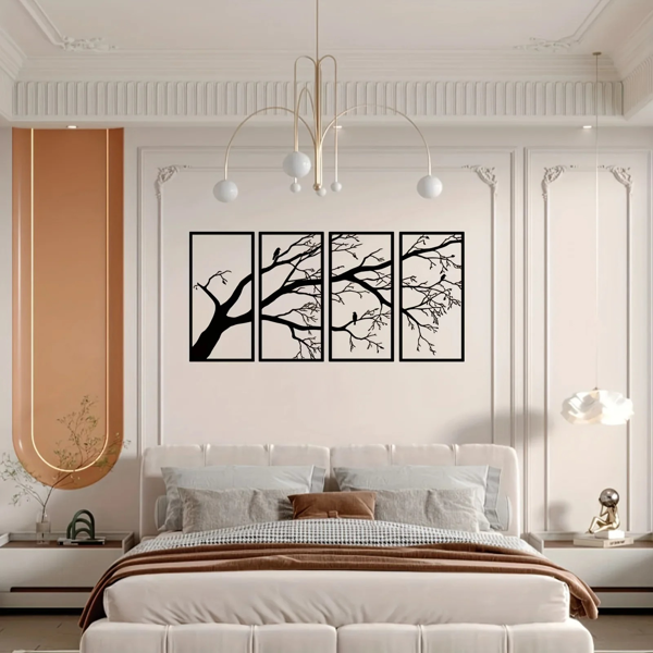 CIFbuy极简风铝制枯枝飞鸟四联装饰画现代自然主题家居墙面挂饰节日礼物(TikTok、temu下自提)-5