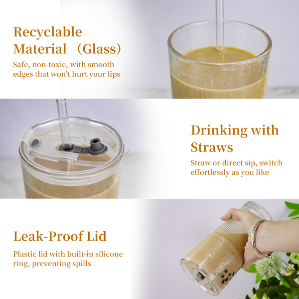 2个竖条纹玻璃水杯咖啡杯，外观高颜值，配有盖子、吸管和刷子，适合喝水、咖啡和牛奶-4