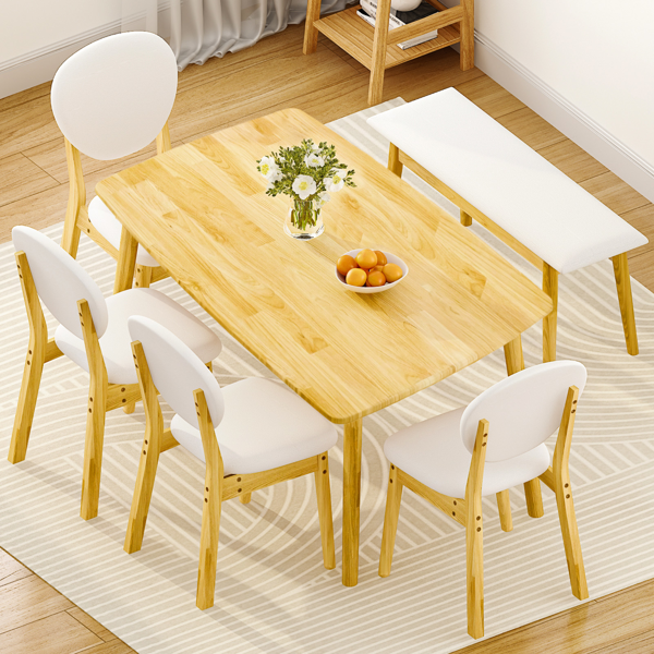 1桌4椅1凳 拆装 橡胶木+软包 原木色 餐桌椅套装 米色坐垫 长方形-15
