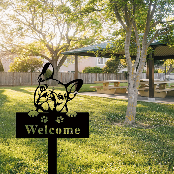 CIFbuy复古法国斗牛犬欢迎标志户外花园庭院装饰可爱草坪雕像植物摆件（TikTok、temu下自提）-3