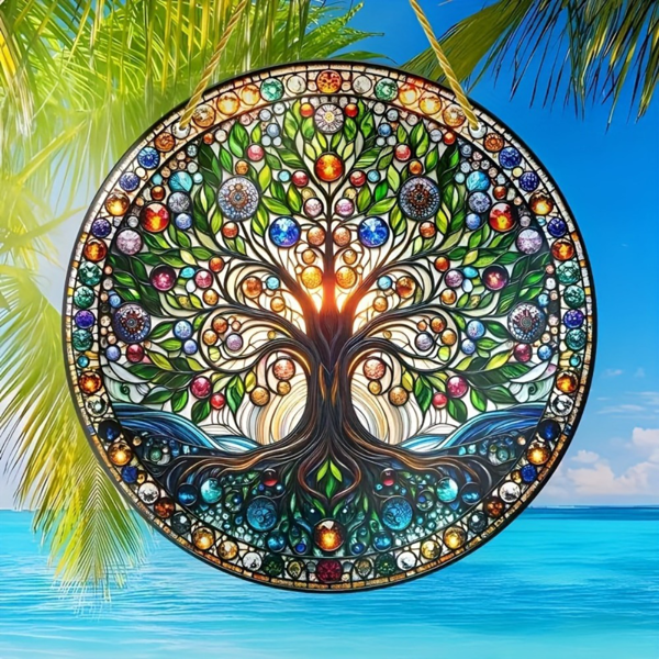 CIFbuy生命树挂饰彩色玻璃图案光滑边室内外装饰 新居礼物亚克力仿彩玻璃阳光捕捉器（TikTok、temu下自提）-1