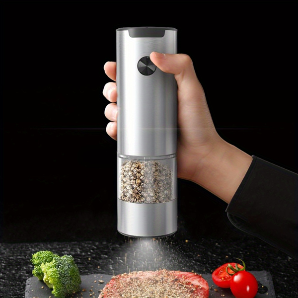 1个电动盐和胡椒研磨器，单手自动操作，白色LED灯，双充电底座，可调节粗细度，电池供电，容量大-5