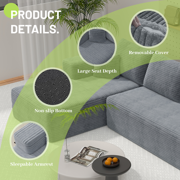 模块化宽条纹灯芯绒组合沙发｜全海绵深座二人位沙发 + 左侧贵妃躺椅｜现代客厅休闲沙发-8