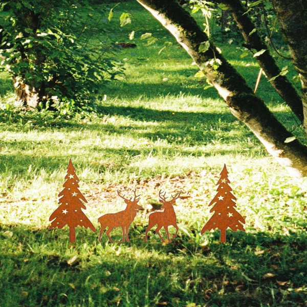 CIFbuy古董金属鹿与树雕塑四件套 草坪露台装饰 农场风格户外庭院艺术(TikTok、temu下自提)-1