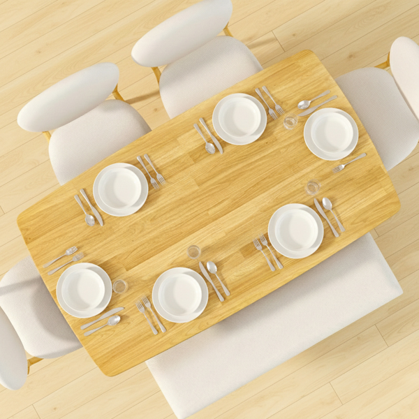 1桌4椅1凳 拆装 橡胶木+软包 原木色 餐桌椅套装 米色坐垫 长方形-10