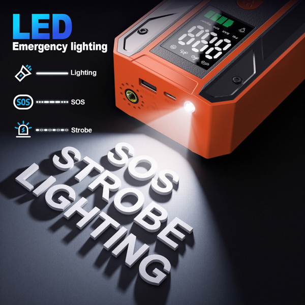 带150PSI轮胎充气机的车载跳跃式起动机便携式电池组、 带空气压缩机的跳跃式起动机、带LCD显示器的车载充电器电池增压器12V跳跃盒、3模式应急手电筒-8