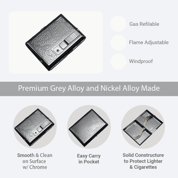 LEGENDEX®优雅*珞银面金属烟盒标准84毫米小雪茄/香烟盒内嵌防风打火机雪茄香烟厨房户外可重复充气可调节火焰高度便携式-6