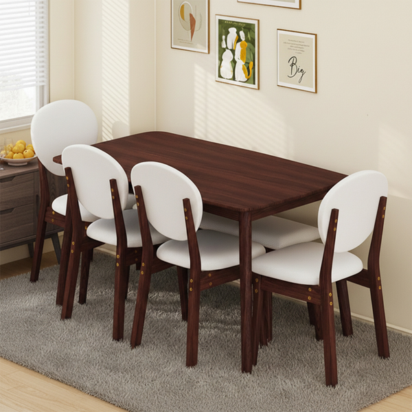 1桌4椅1凳 拆装 橡胶木+软包 深胡桃色 餐桌椅套装 米色坐垫 长方形-19