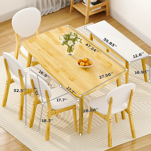 1桌4椅1凳 拆装 橡胶木+软包 原木色 餐桌椅套装 米色坐垫 长方形-4