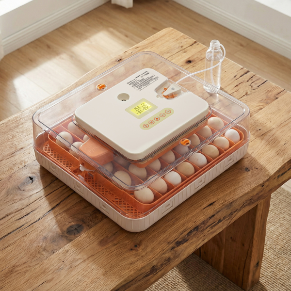 56H 美规 孵化器 110V 85W 56枚  ABS+PET 橙白机身透明上盖 LED照蛋功能升级 全自动翻蛋 温湿华氏度双显 自动控温控湿 多功能卡条蛋盘-11
