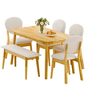 1桌4椅1凳 拆装 橡胶木+软包 原木色 餐桌椅套装 米色坐垫 长方形
