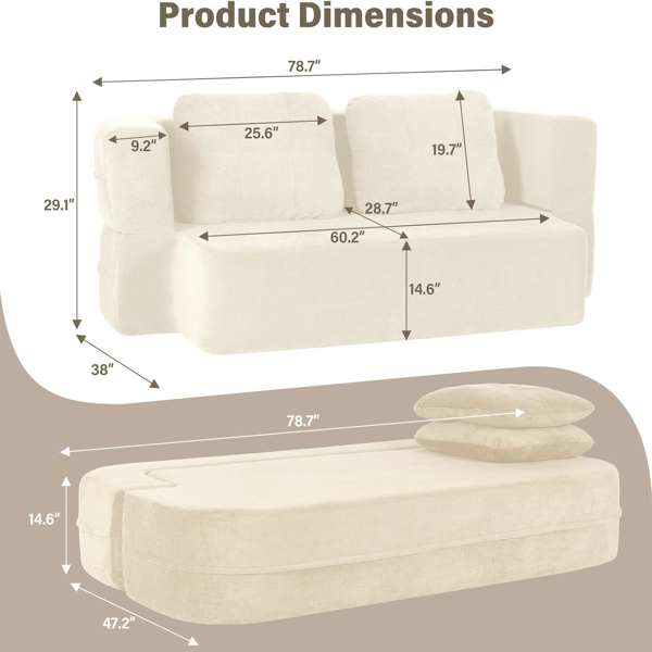 可转换沙发床，带毯子，客厅卧室用无骨云沙发，高密度实心海绵模块化沙发座，米色-2